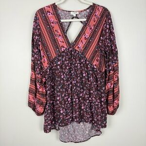 Umgee Top Women Medium Paisley Floral Boho Blouse Open Back Pink Red Brown Shirt
